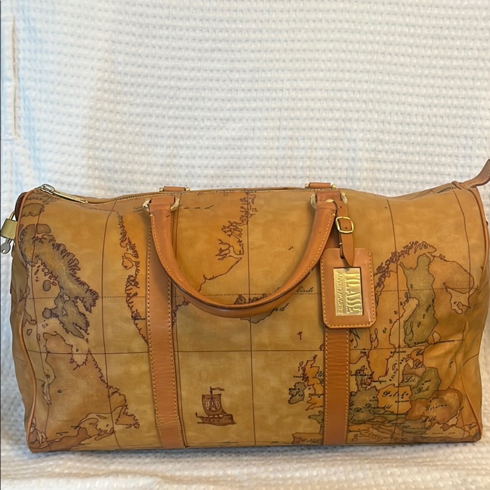 Prima Classe Vintage Map Print Brown Leather Duffel Bag - Picture 8 of 12